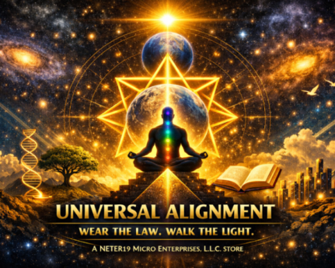 Artistic depiction of a person meditating with celestial elements and text about 'Universal Alignment'.